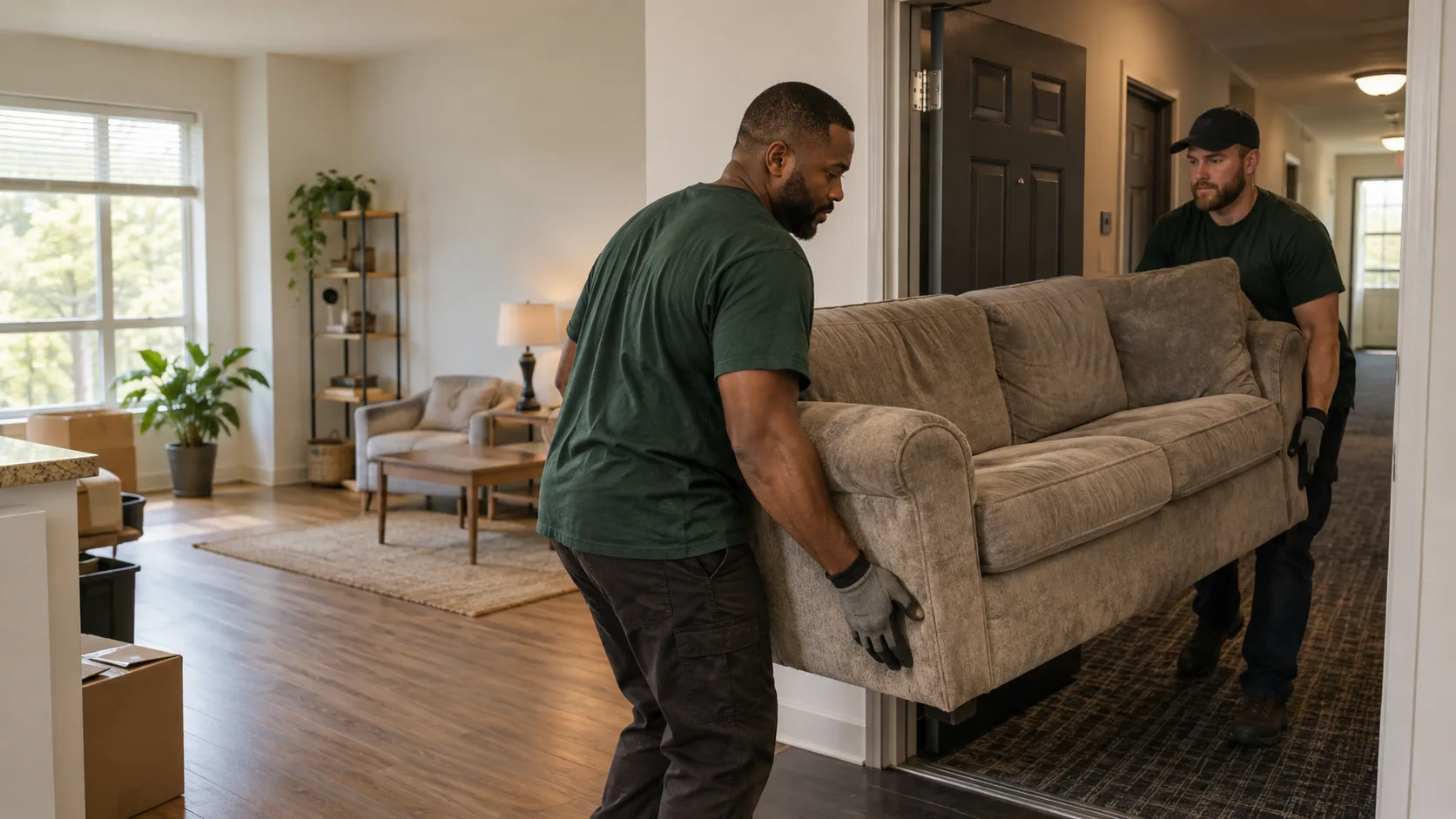 Two workers carrying a sofa through an apartment doorway