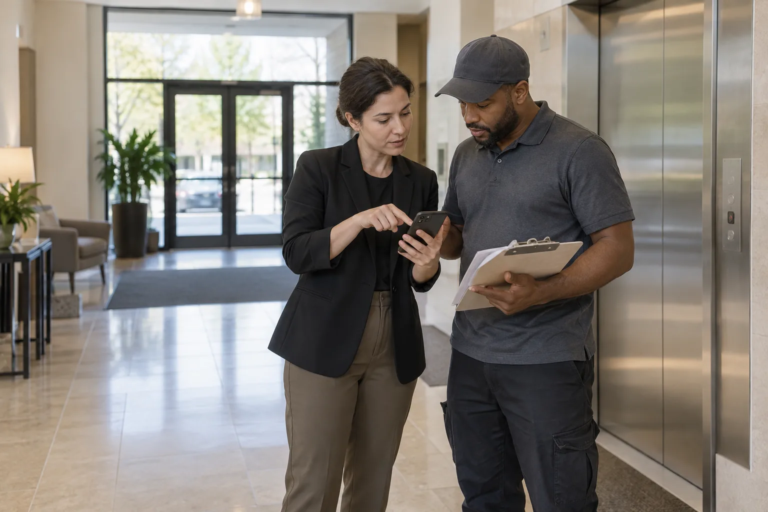 Property manager and cleanout worker reviewing apartment access
